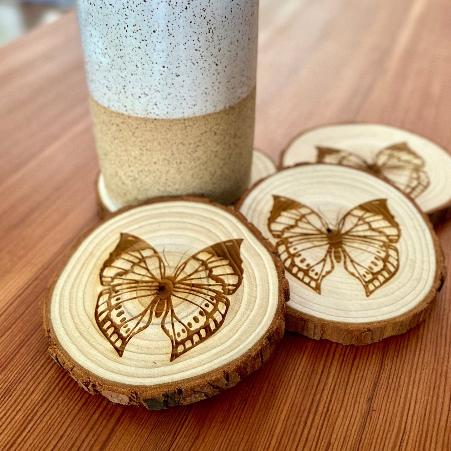 Butterfly Engraved Wood Coaster Set