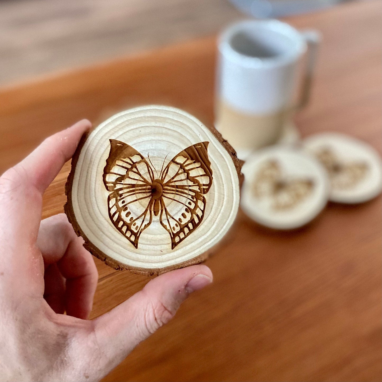 Butterfly Engraved Wood Coaster Set