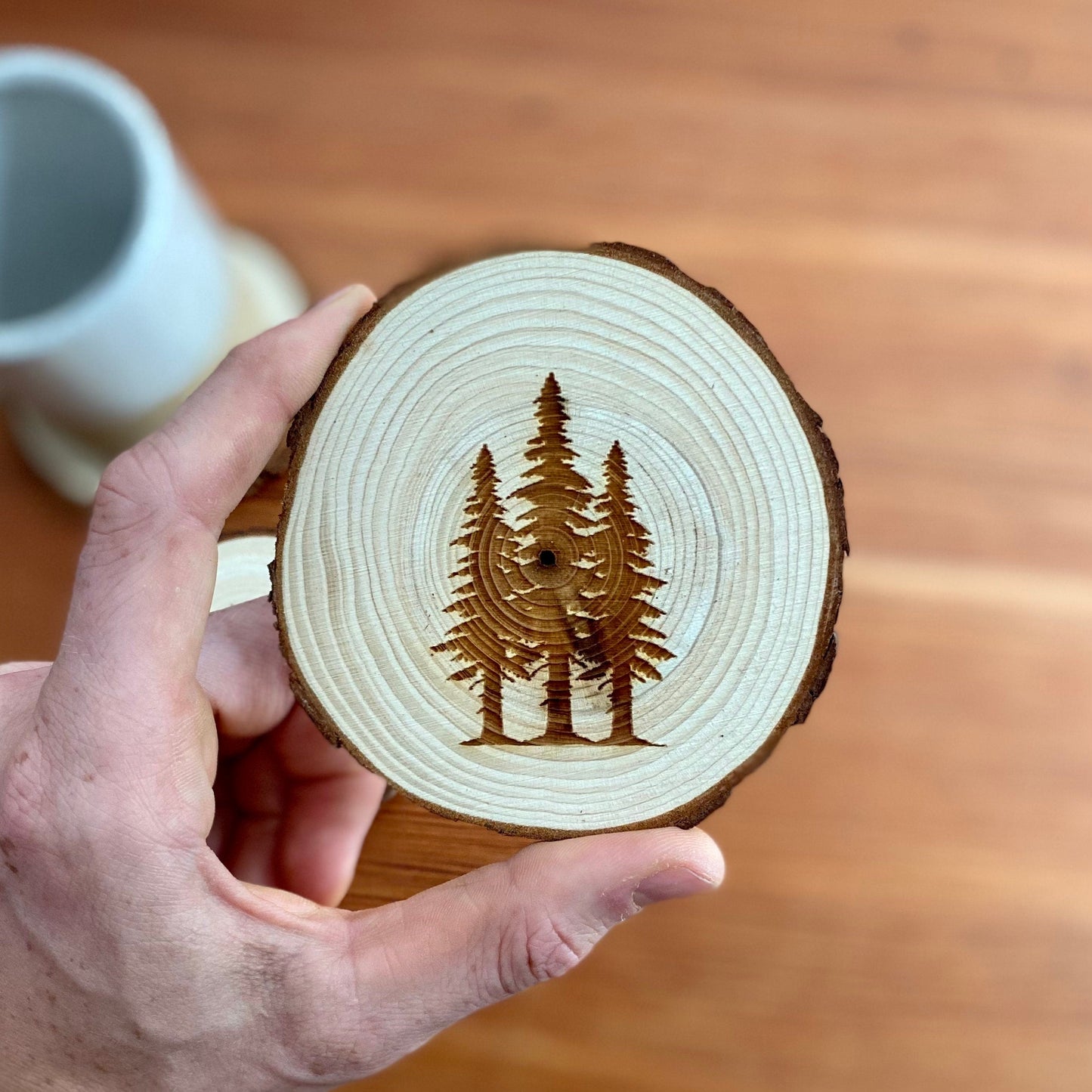 Pine Tree Engraved Wood Coaster Set