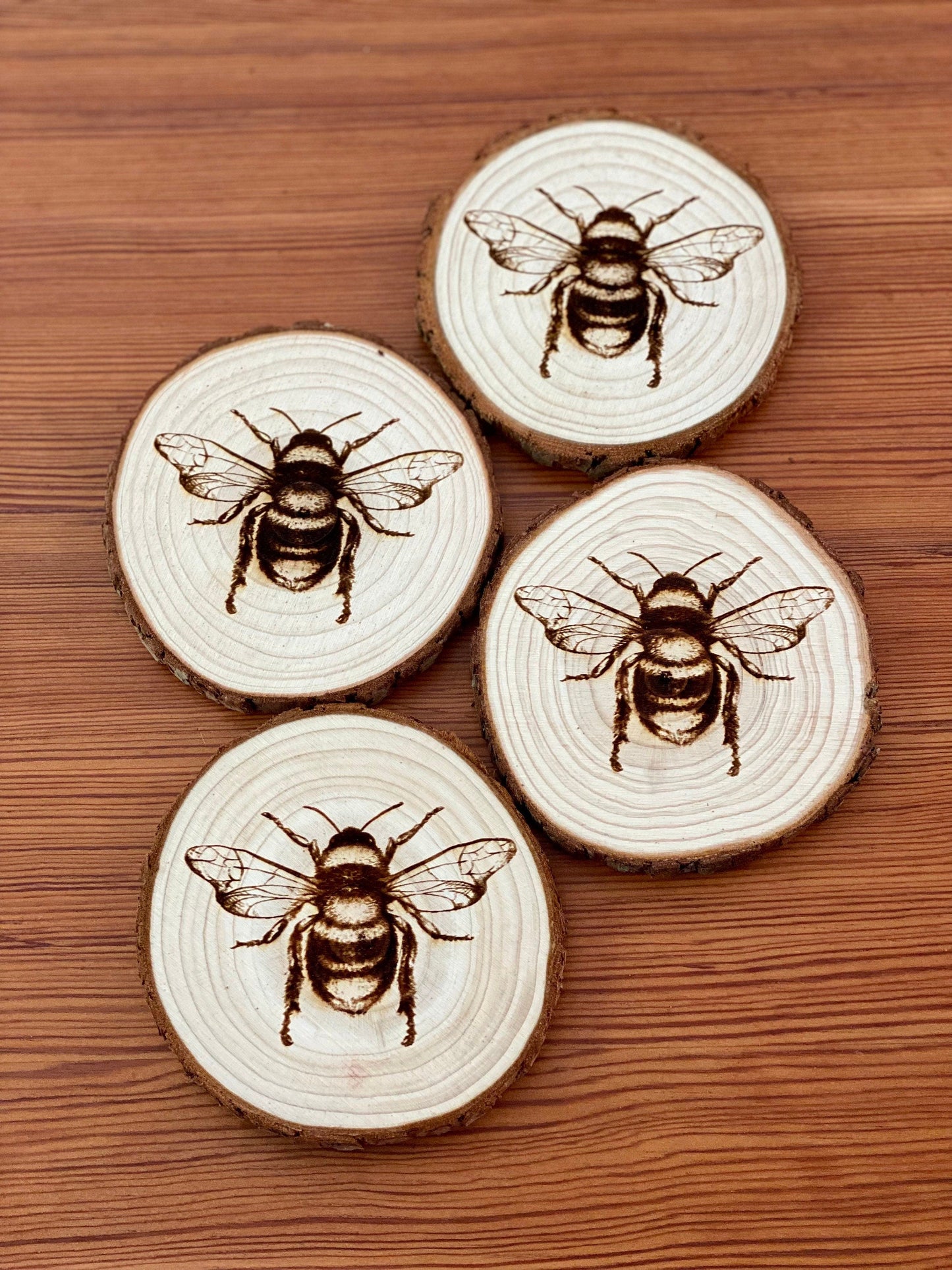 Bee Engraved Wood Coaster Set