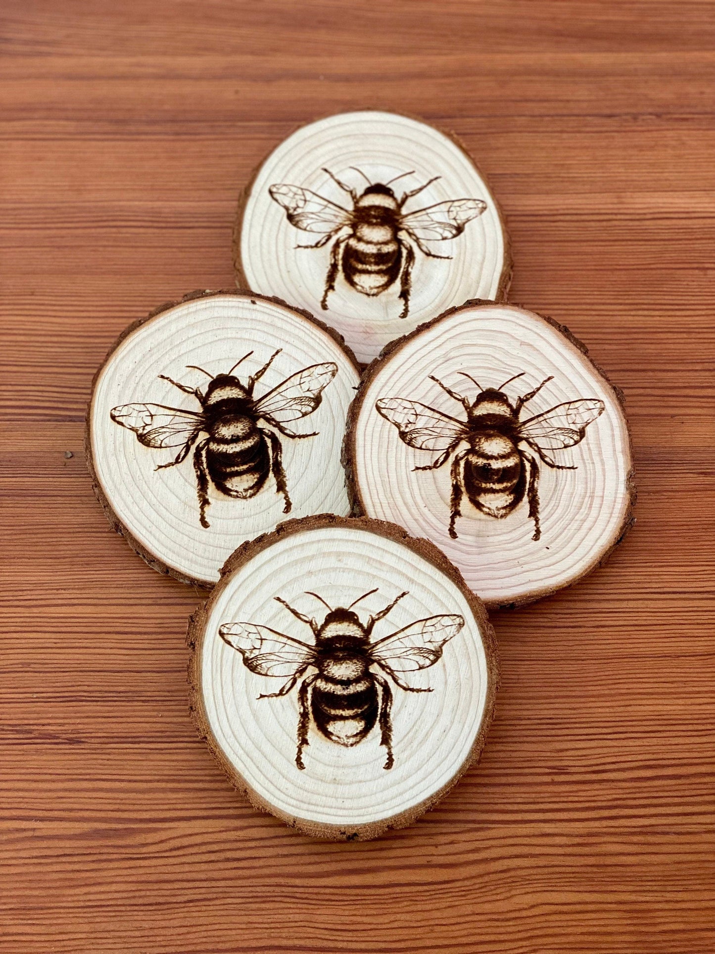 Bee Engraved Wood Coaster Set