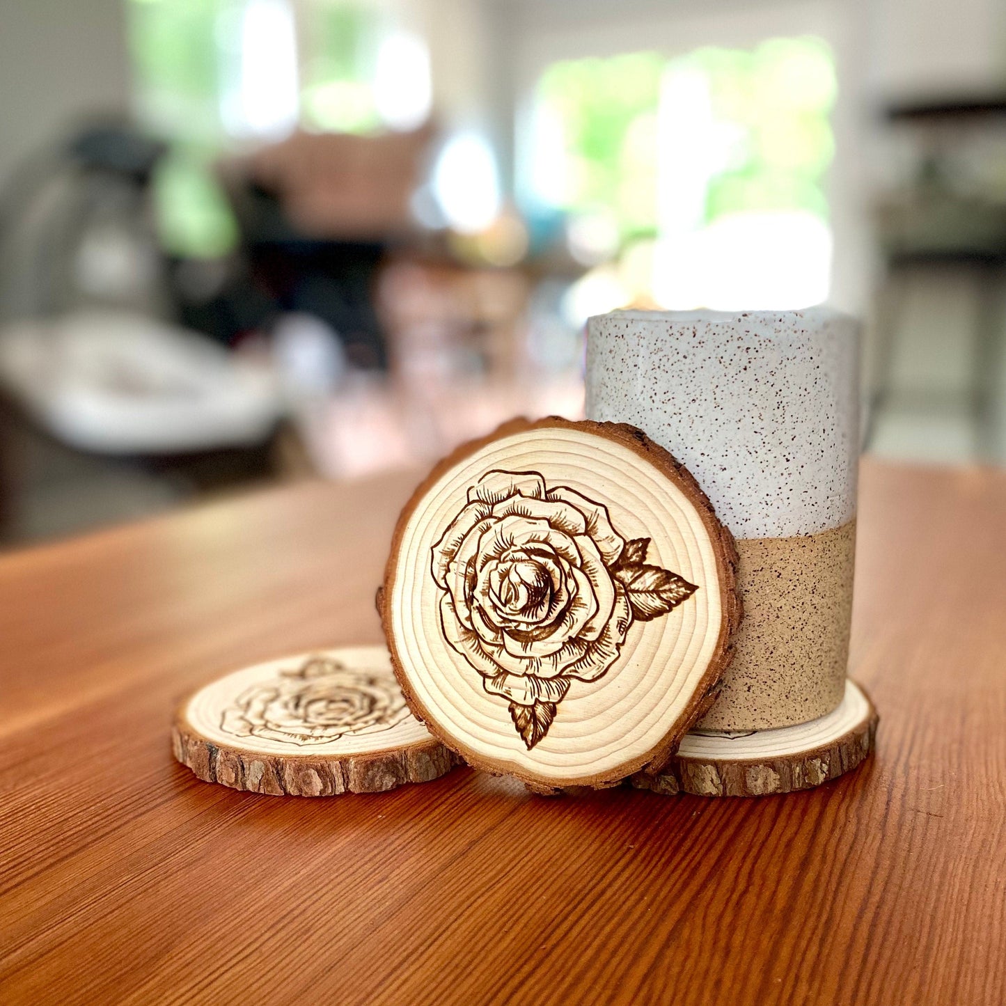 Rose Engraved Wood Coaster Set