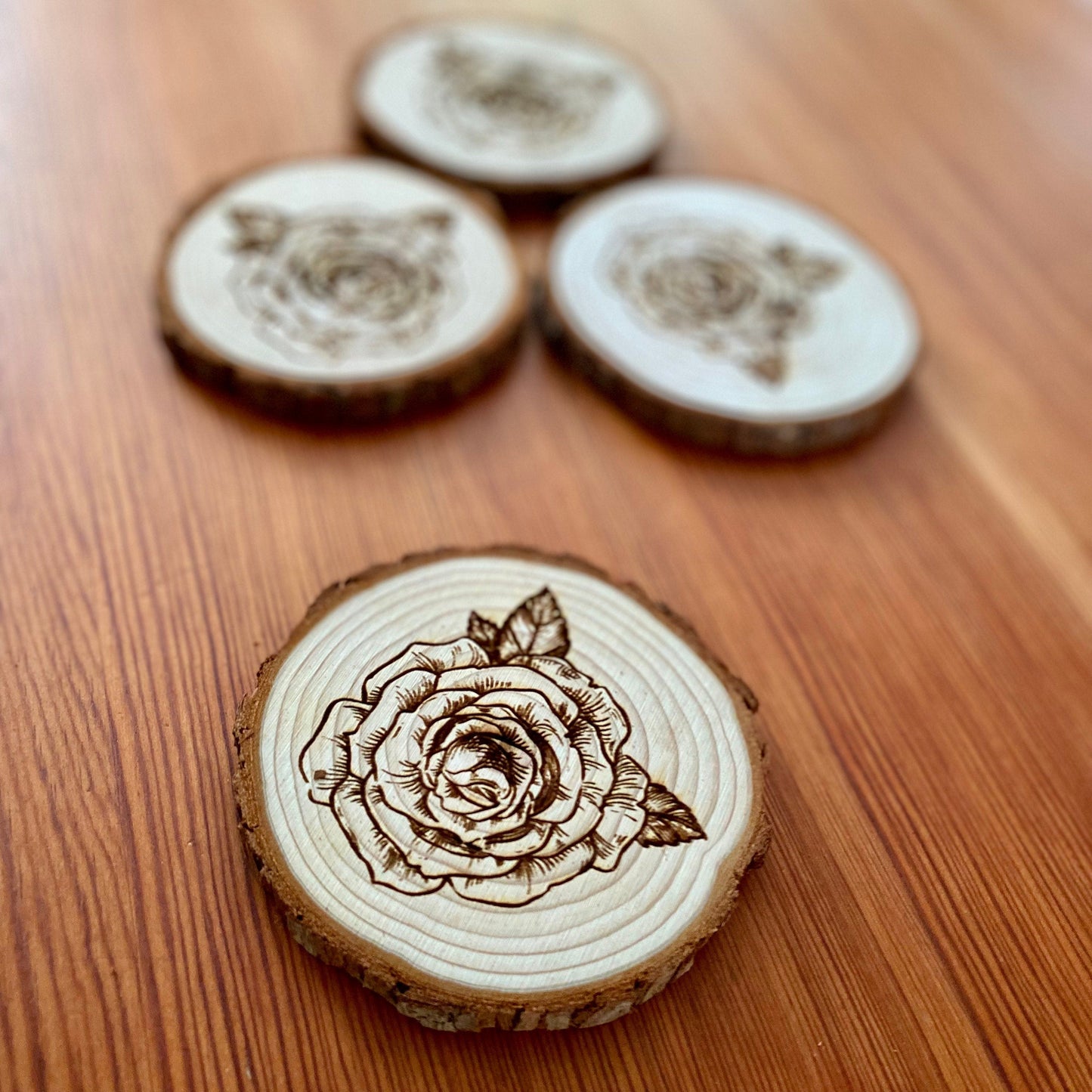 Rose Engraved Wood Coaster Set