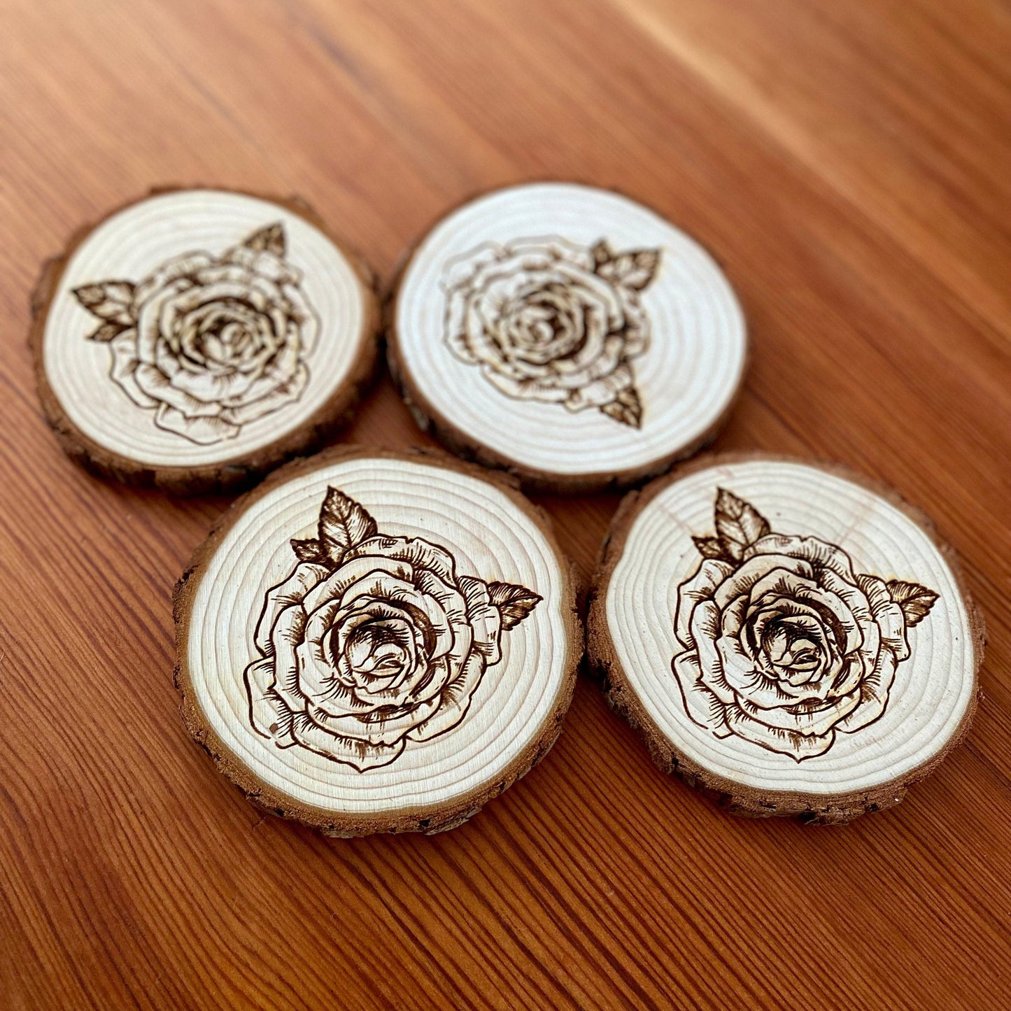 Rose Engraved Wood Coaster Set