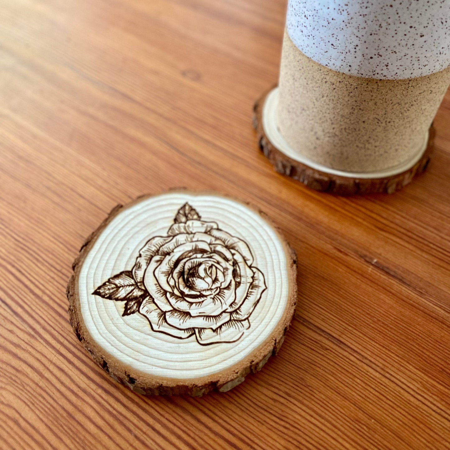 Rose Engraved Wood Coaster Set