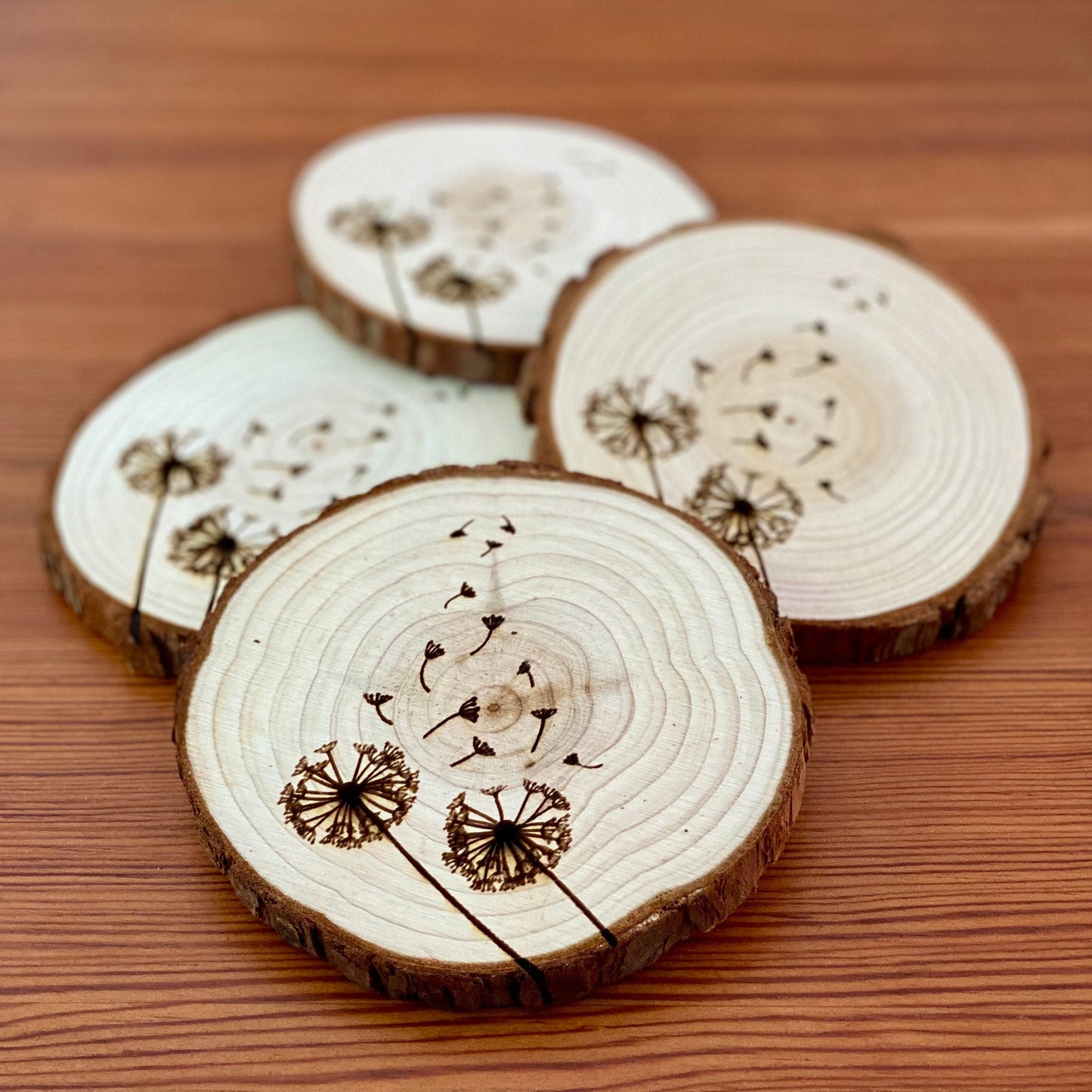 Dandelion Engraved Wood Coaster Set