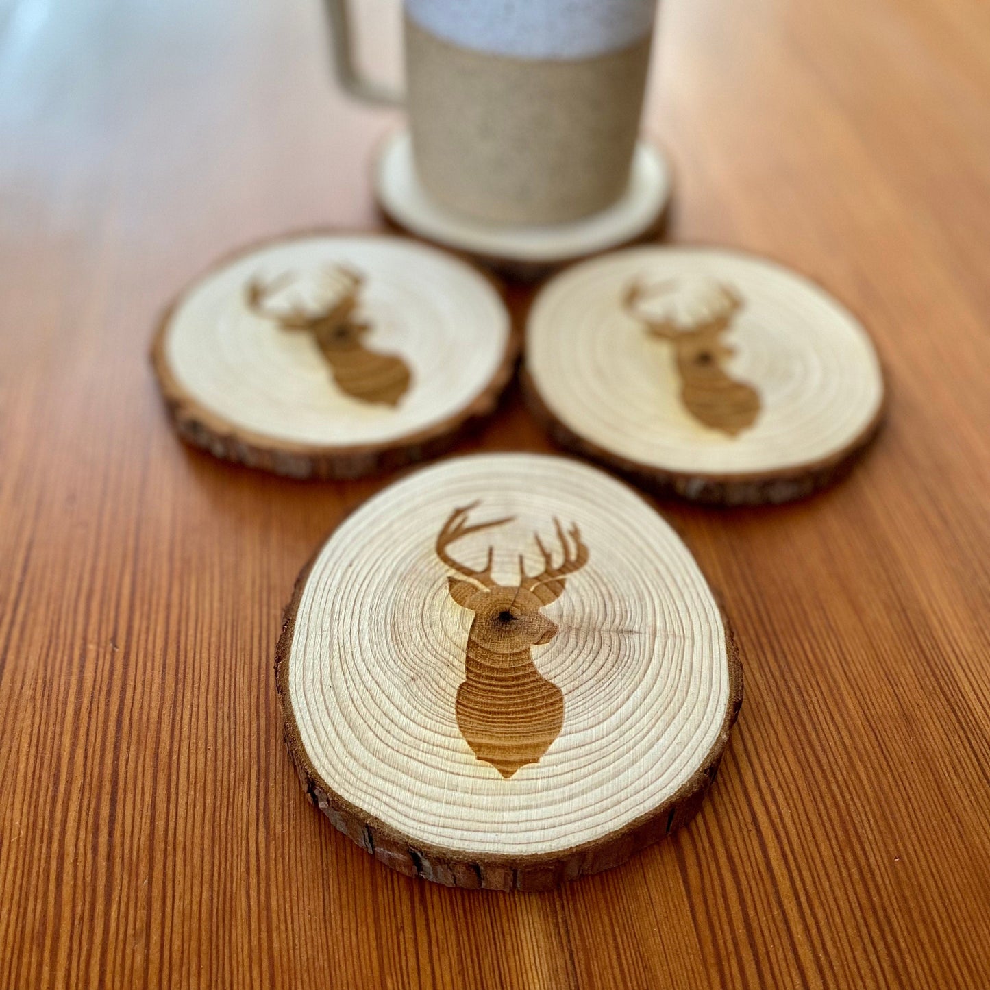 Deer Head Engraved Wood Coaster Set