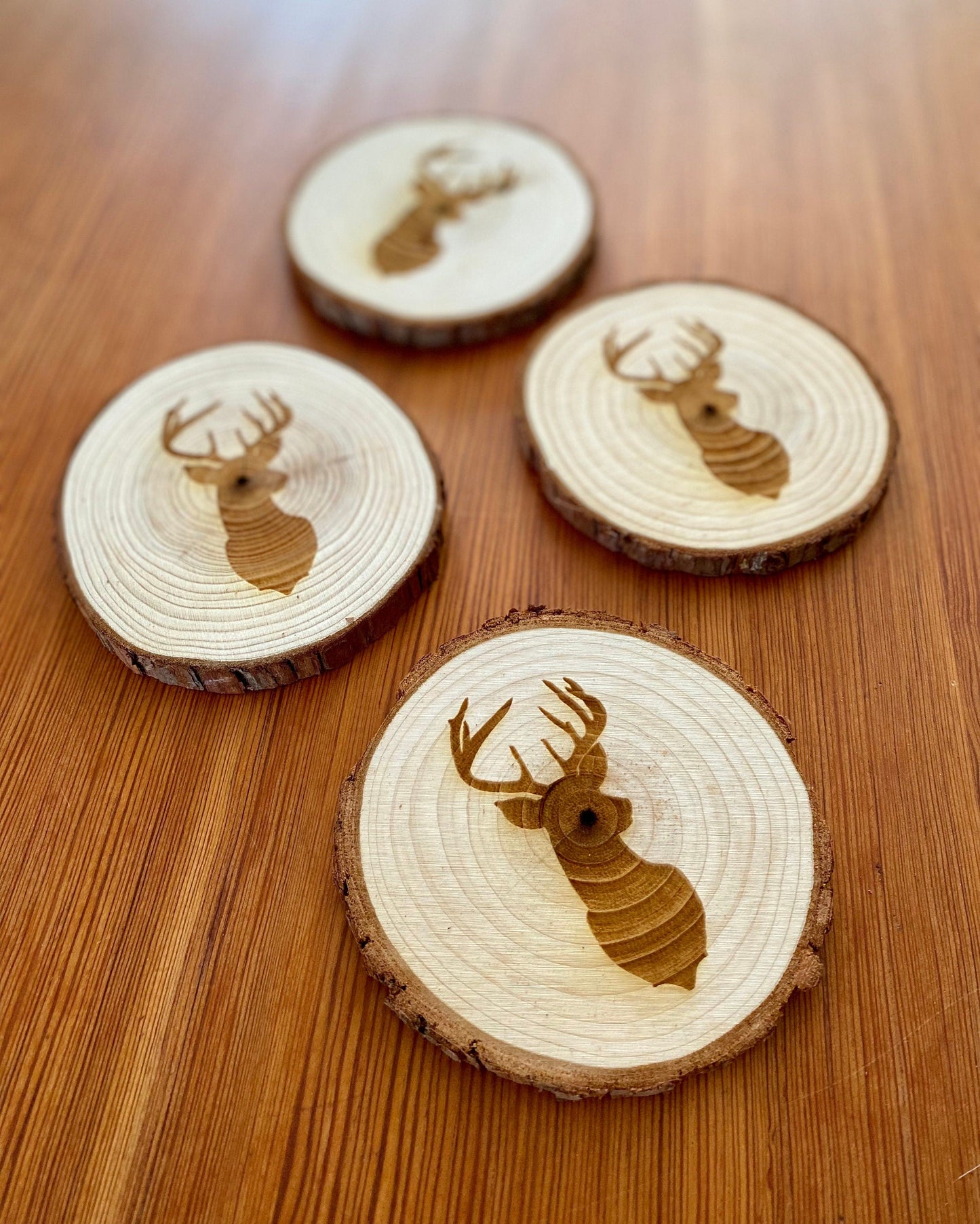 Deer Head Engraved Wood Coaster Set