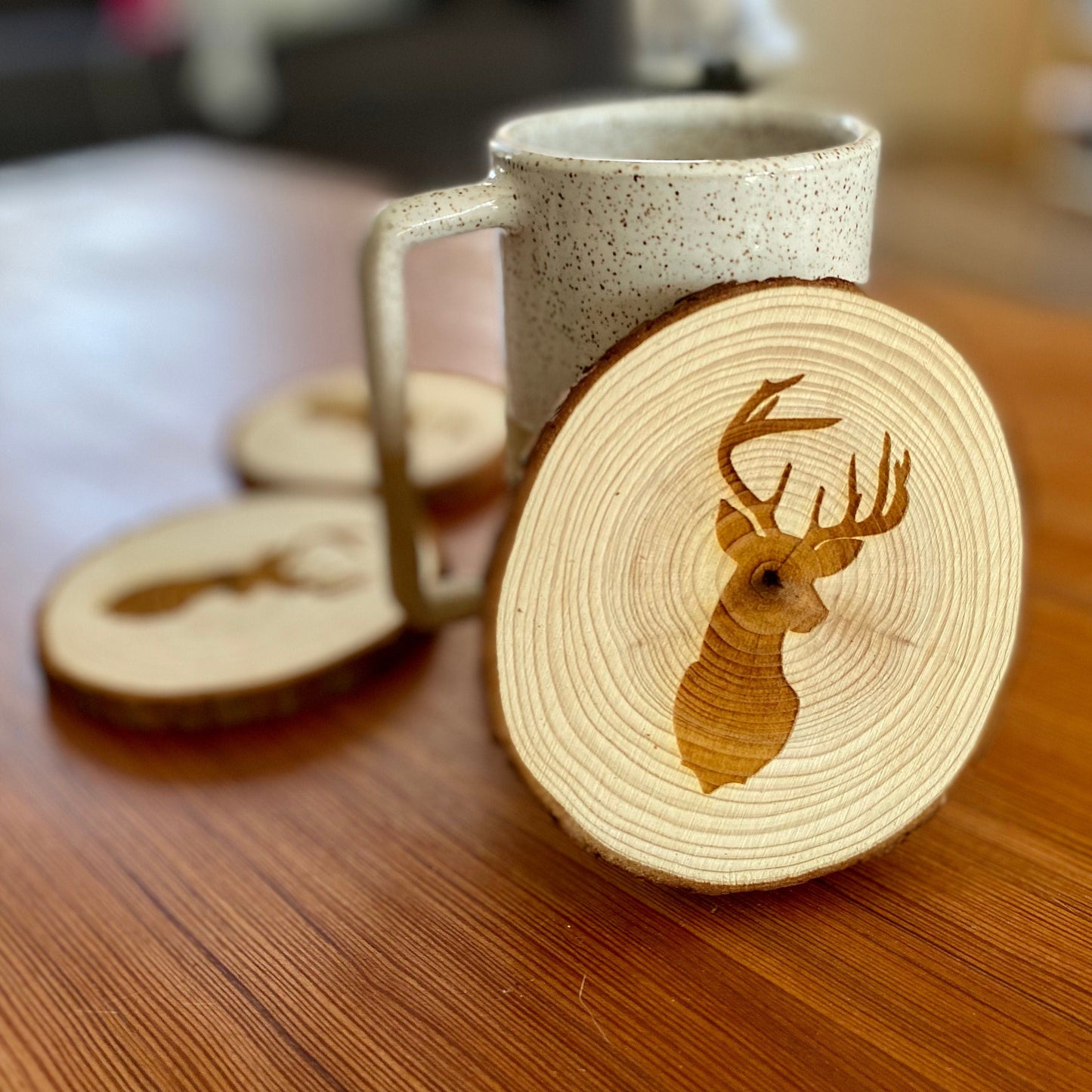 Deer Head Engraved Wood Coaster Set