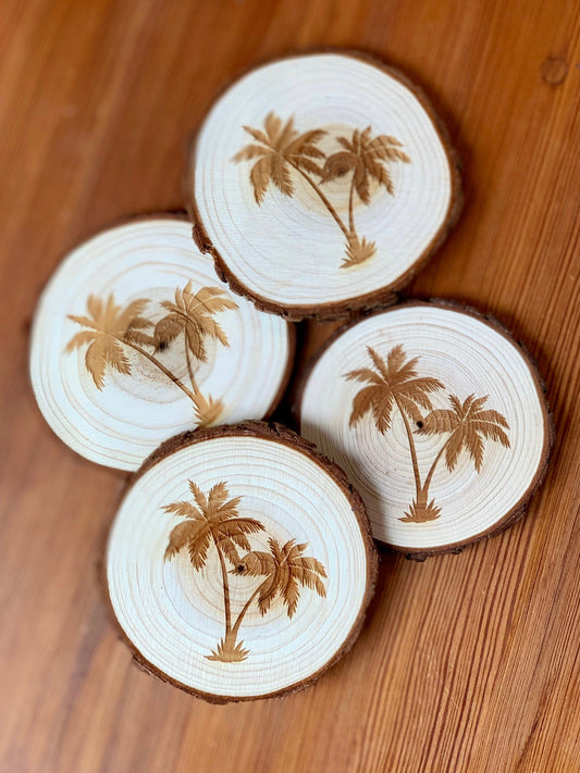 Palm Tree Engraved Wood Coaster Set
