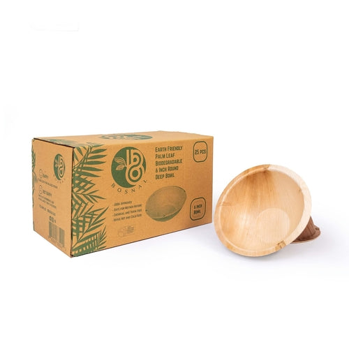 Bosnal - Palm Leaf Biodegradable Plates, 6 inch, Round Bowl, 25 Pcs