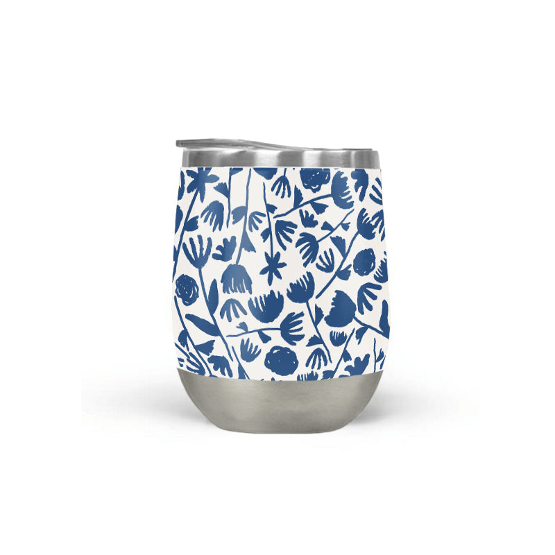 Dark Blue Ink Floral Wine Tumbler