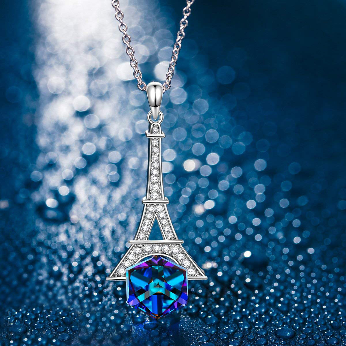 Blue Cubic Zirconia Eiffel Towel Pav'e Necklace in Rhodium Plating