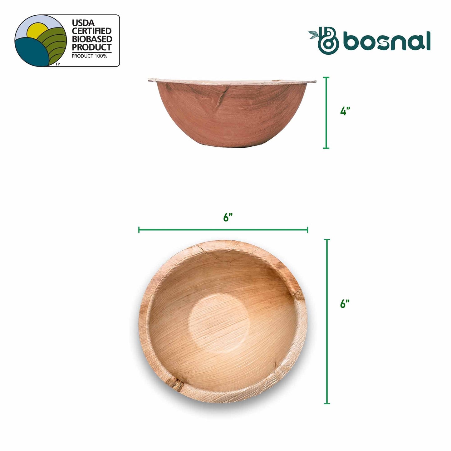 Bosnal - Palm Leaf Biodegradable Plates, 6 inch, Round Bowl, 25 Pcs