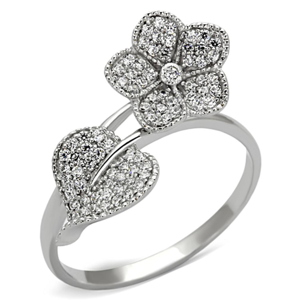 TS114 - Rhodium 925 Sterling Silver Ring with AAA Grade CZ in Clear