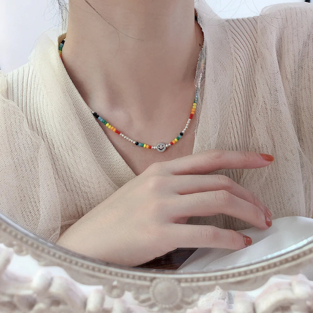 Women's Colorful Beaded Necklace With Happy Face