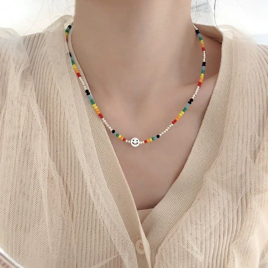 Women's Colorful Beaded Necklace With Happy Face