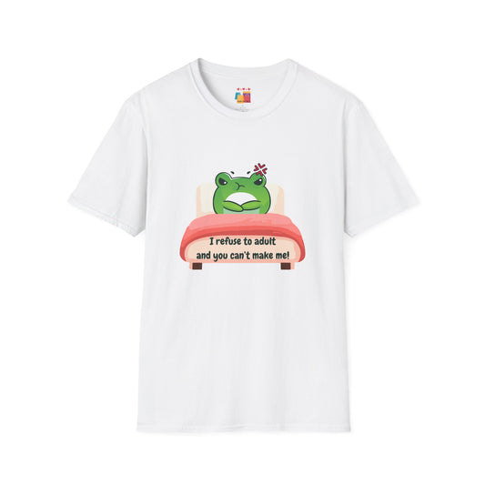 Funny Unisex Softstyle T-Shirt - 'I Refuse to Adult' Frog Design