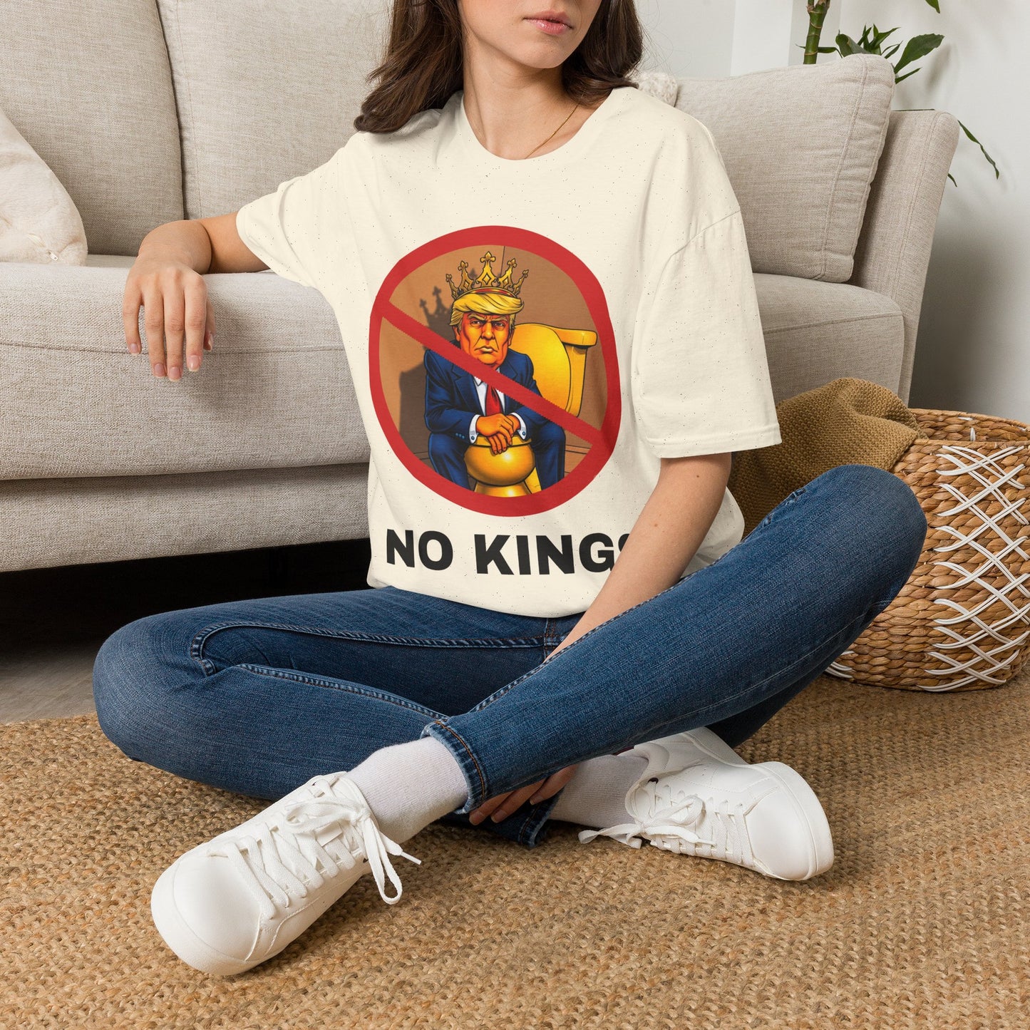 Model wearing a NO. KINGS T-shirt in natural white