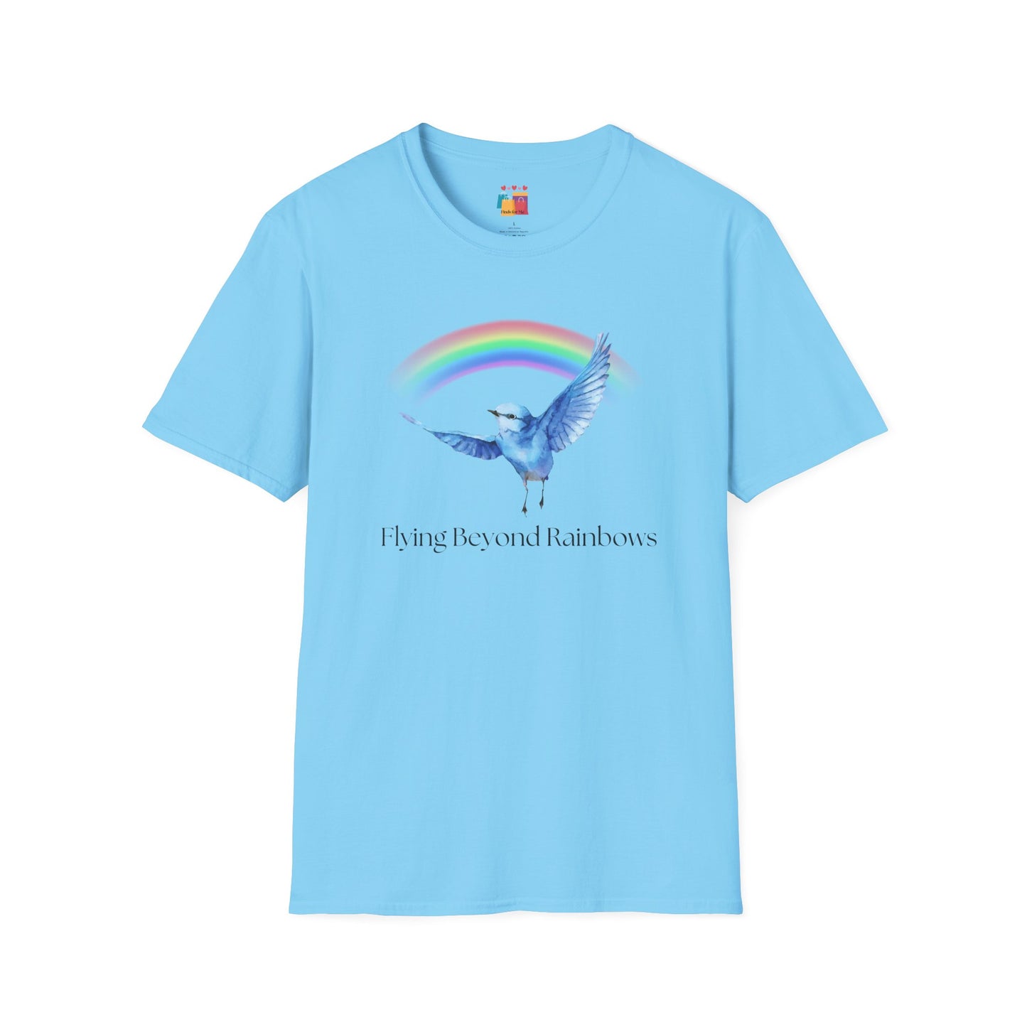 Flying Beyond Rainbows Unisex Softstyle T-Shirt - Dreamy Bird & Rainbow Design