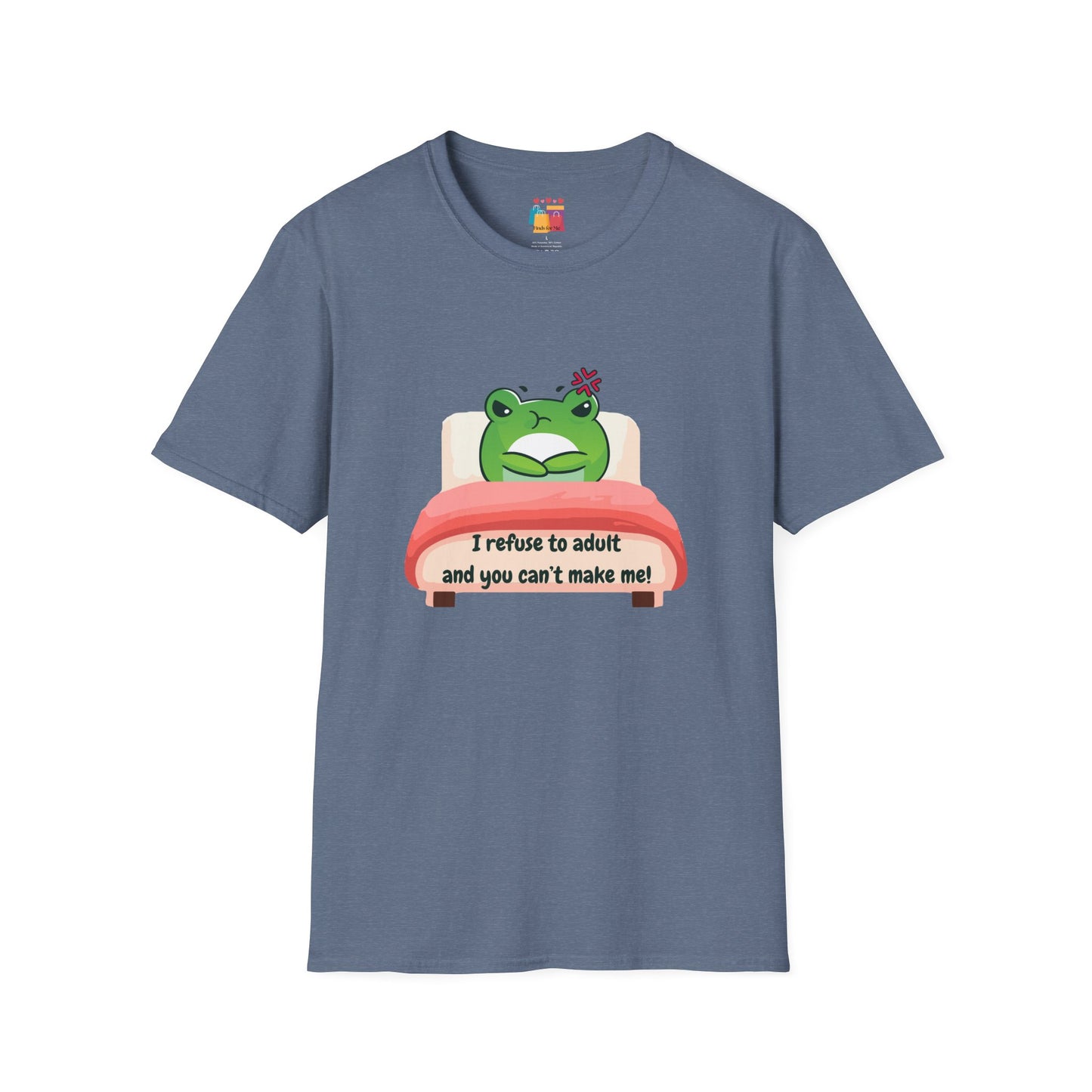 Funny Unisex Softstyle T-Shirt - 'I Refuse to Adult' Frog Design