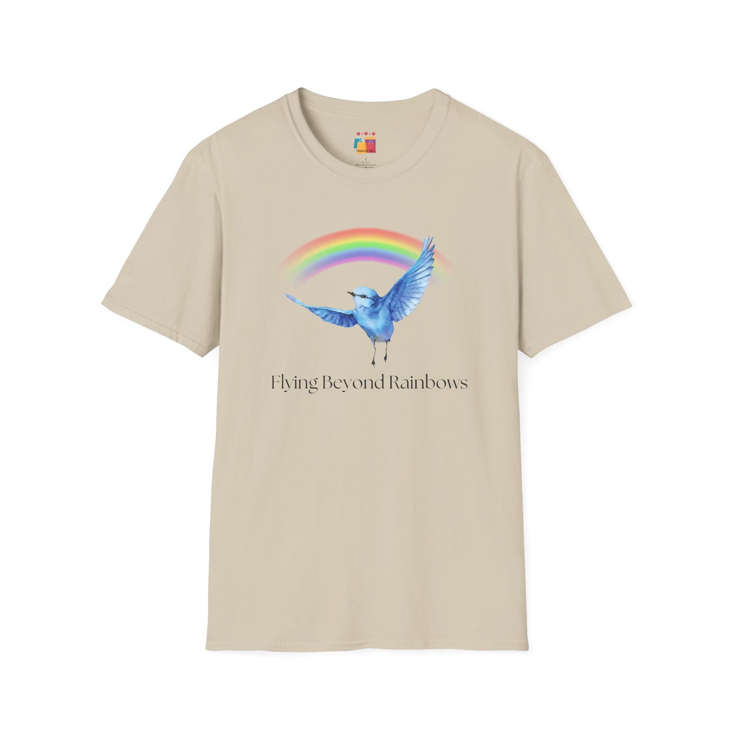 Flying Beyond Rainbows Unisex Softstyle T-Shirt - Dreamy Bird & Rainbow Design