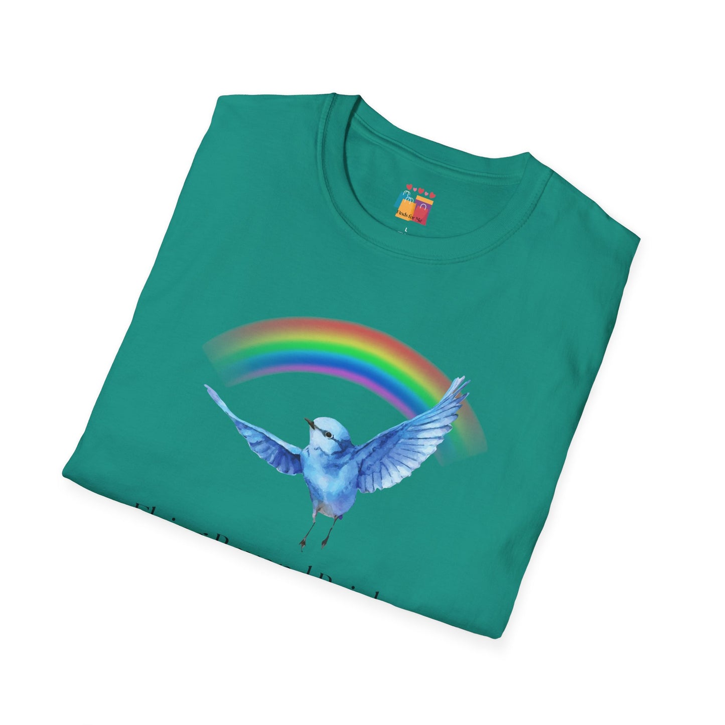 Flying Beyond Rainbows Unisex Softstyle T-Shirt - Dreamy Bird & Rainbow Design