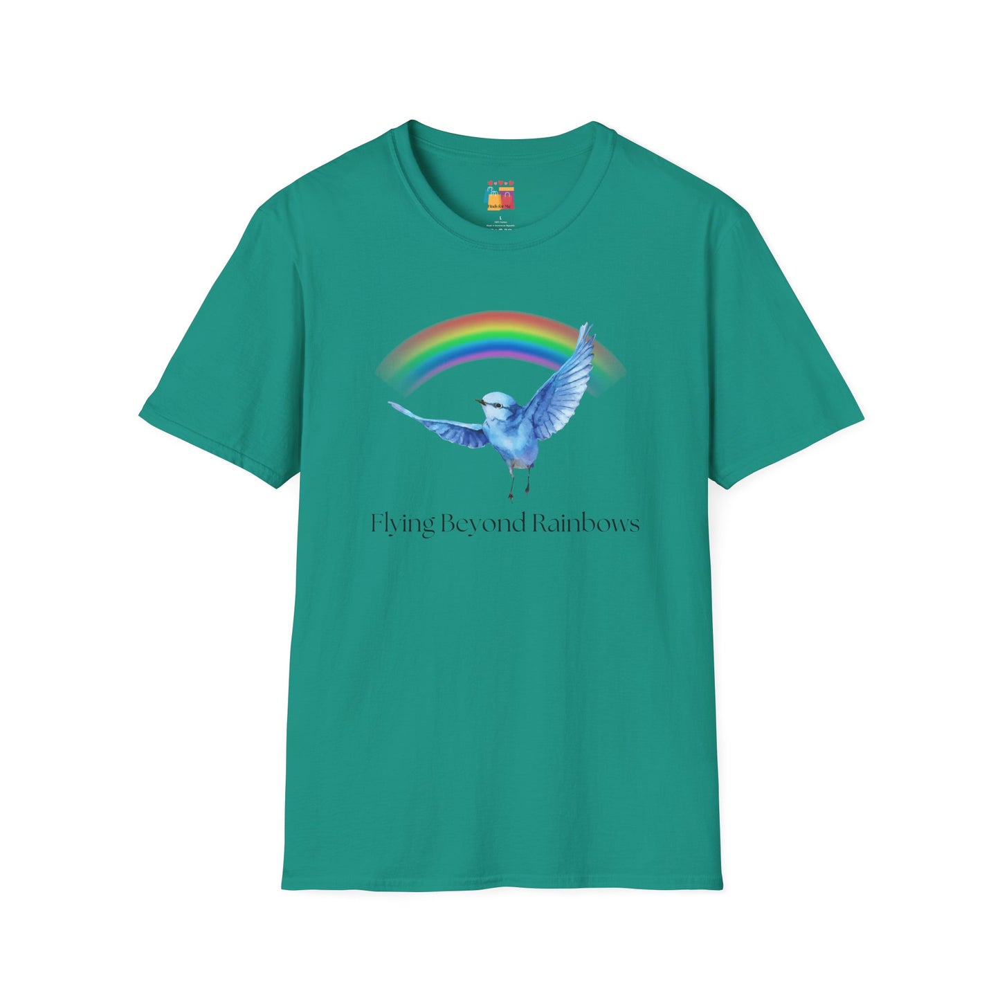 Flying Beyond Rainbows Unisex Softstyle T-Shirt - Dreamy Bird & Rainbow Design