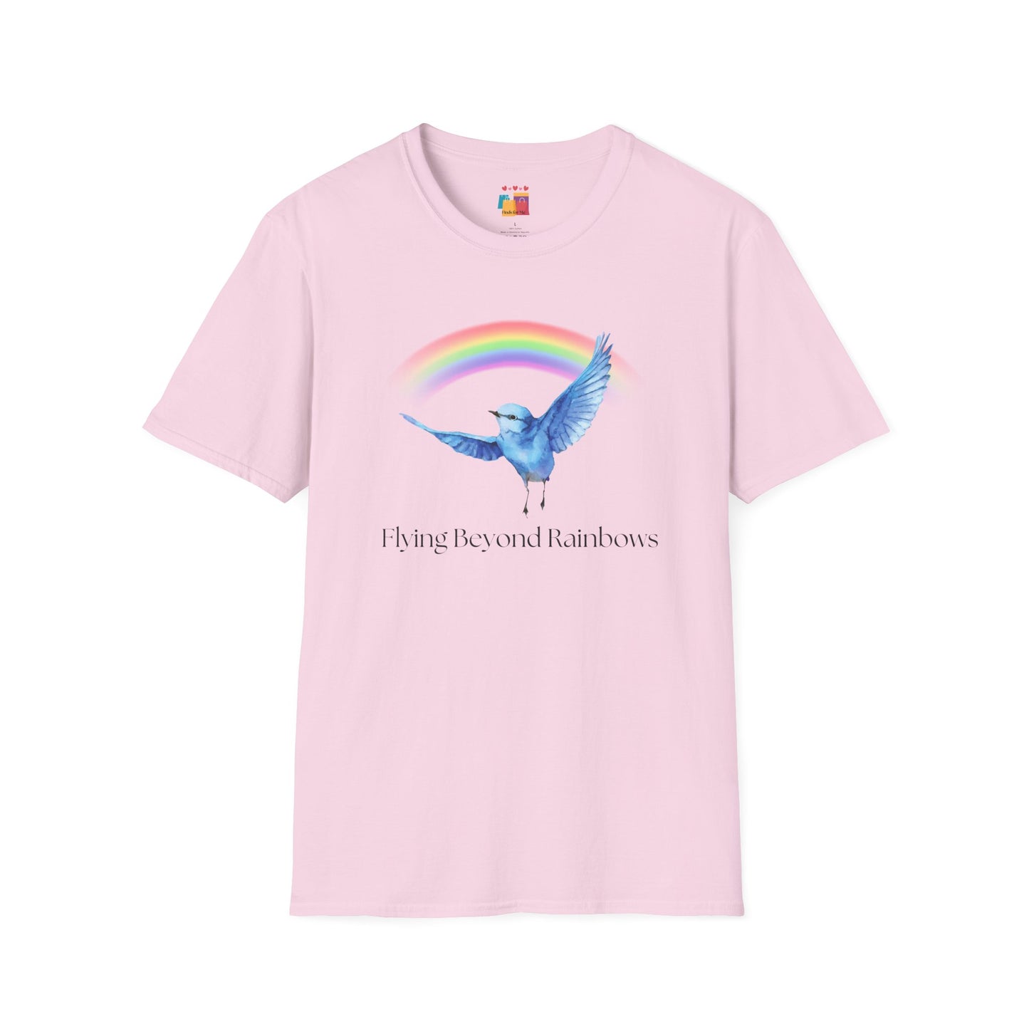 Flying Beyond Rainbows Unisex Softstyle T-Shirt - Dreamy Bird & Rainbow Design