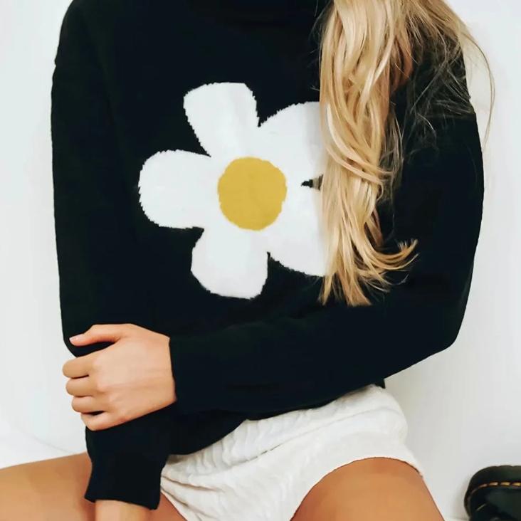 Floral Sweater Women Jacquard Black Jumper Pullovers