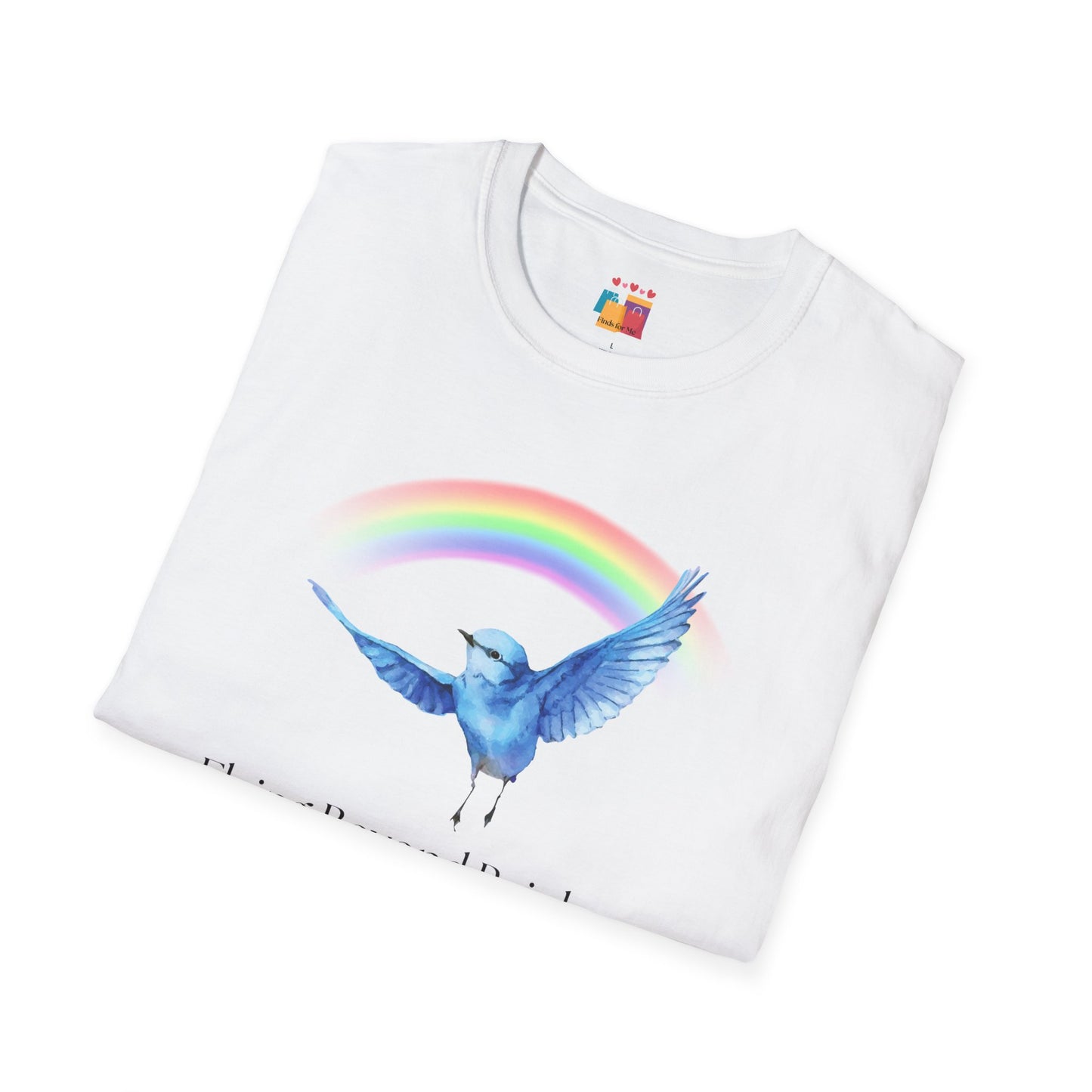 Flying Beyond Rainbows Unisex Softstyle T-Shirt - Dreamy Bird & Rainbow Design