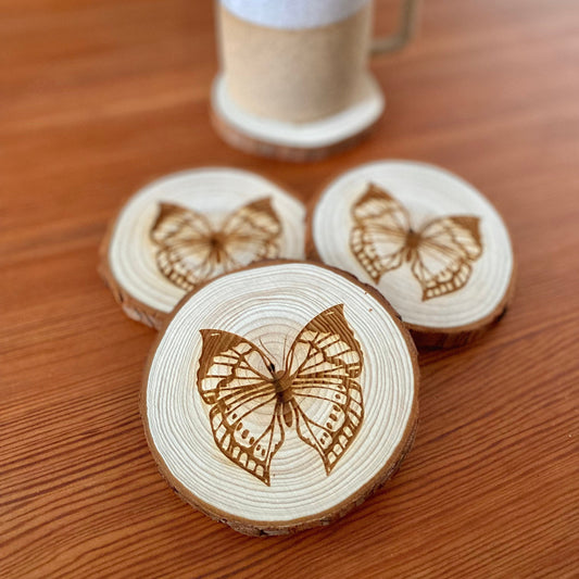 Butterfly Engraved Wood Coaster Set