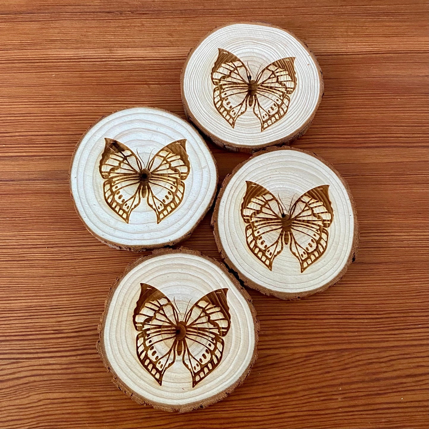 Butterfly Engraved Wood Coaster Set