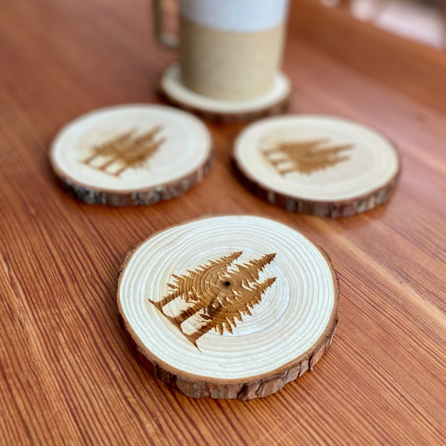 Pine Tree Engraved Wood Coaster Set