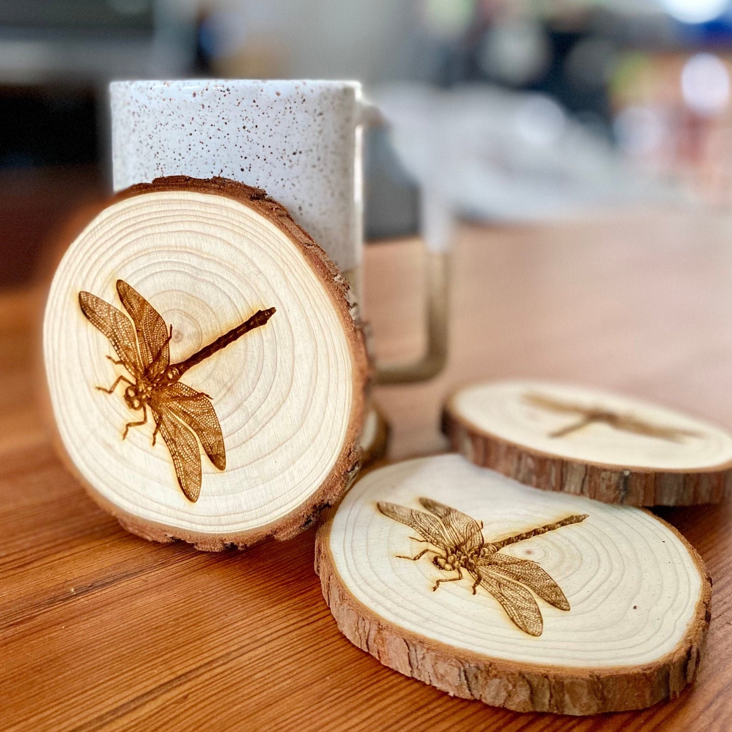 Dragonfly Engraved Wood Coaster Set