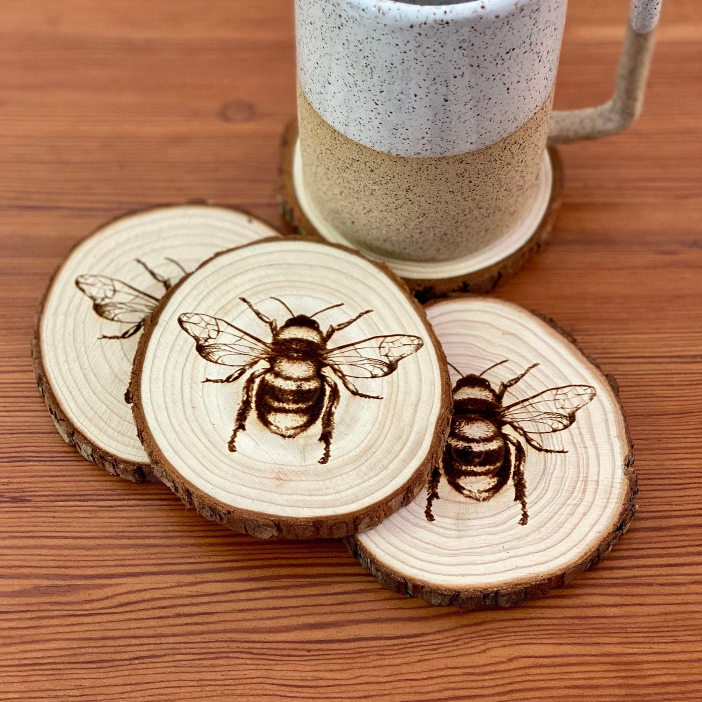 Bee Engraved Wood Coaster Set