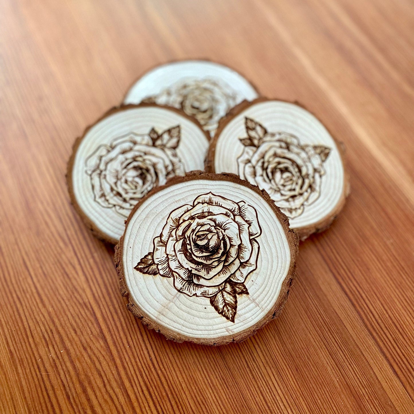 Rose Engraved Wood Coaster Set