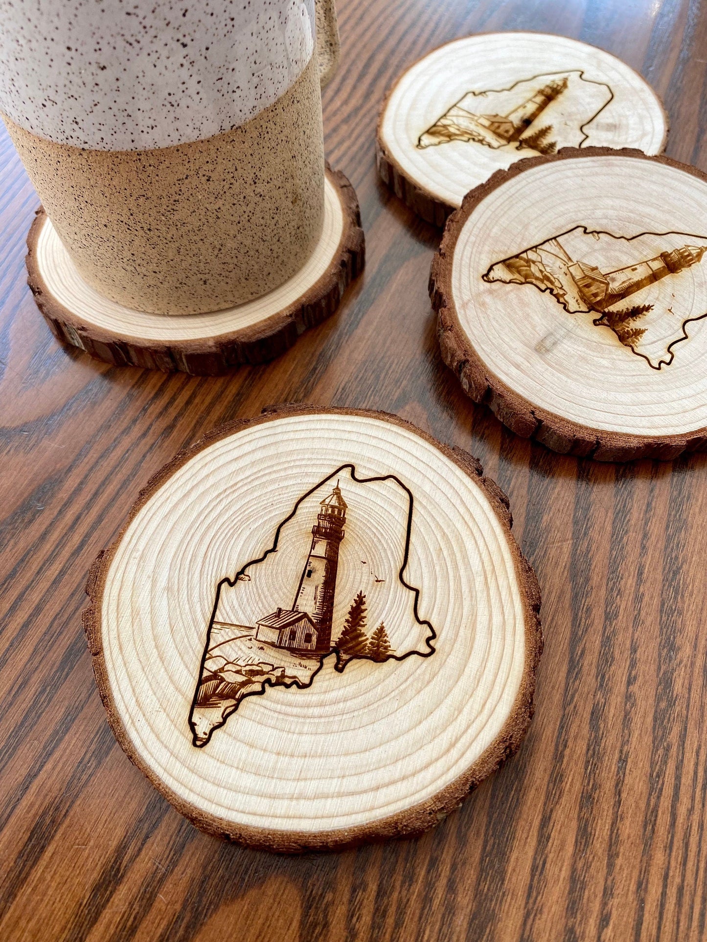 Maine Lighthouse Engraved Wood Coaster Set