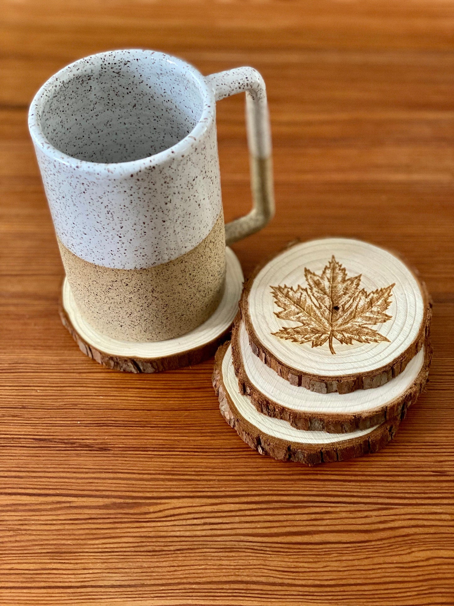 Maple Leaf Engraved Wood Coaster Set
