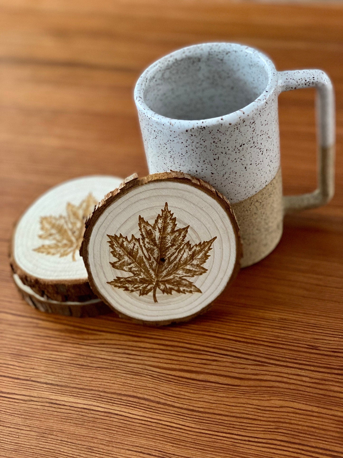 Maple Leaf Engraved Wood Coaster Set