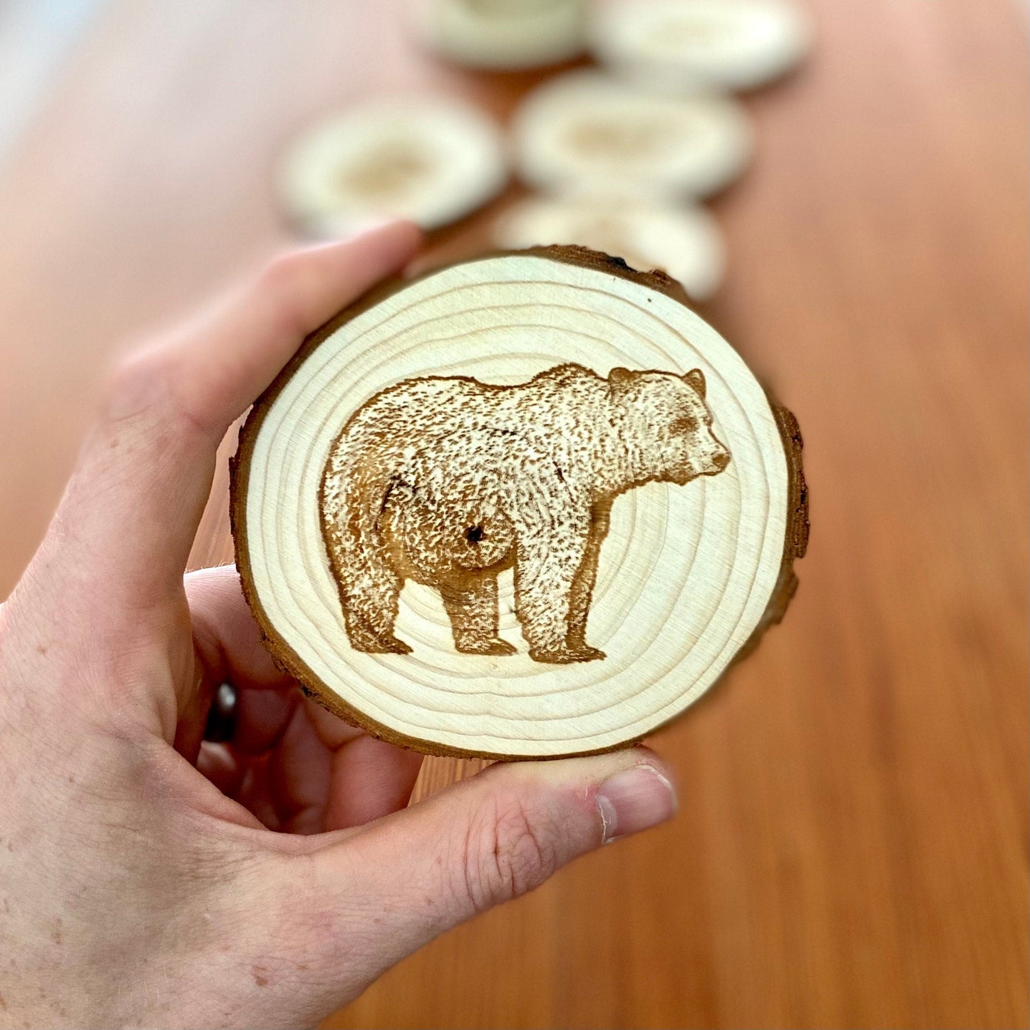 Bear Engraved Wood Coaster Set