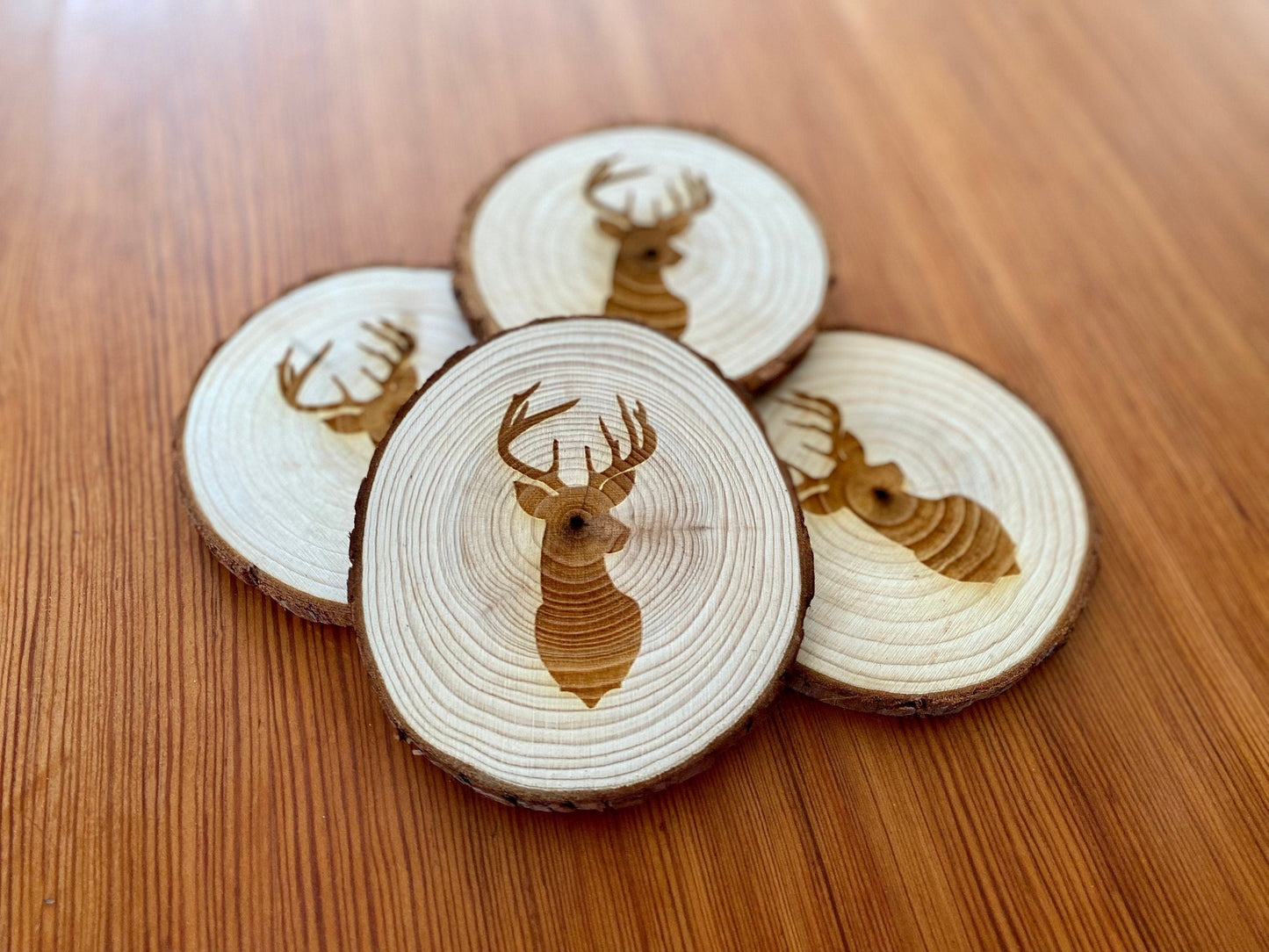 Deer Head Engraved Wood Coaster Set