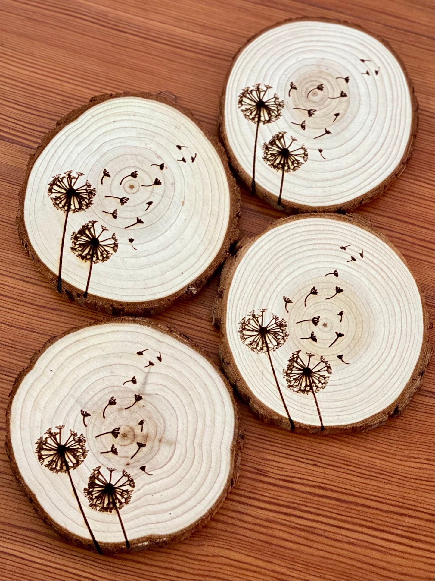 Dandelion Engraved Wood Coaster Set