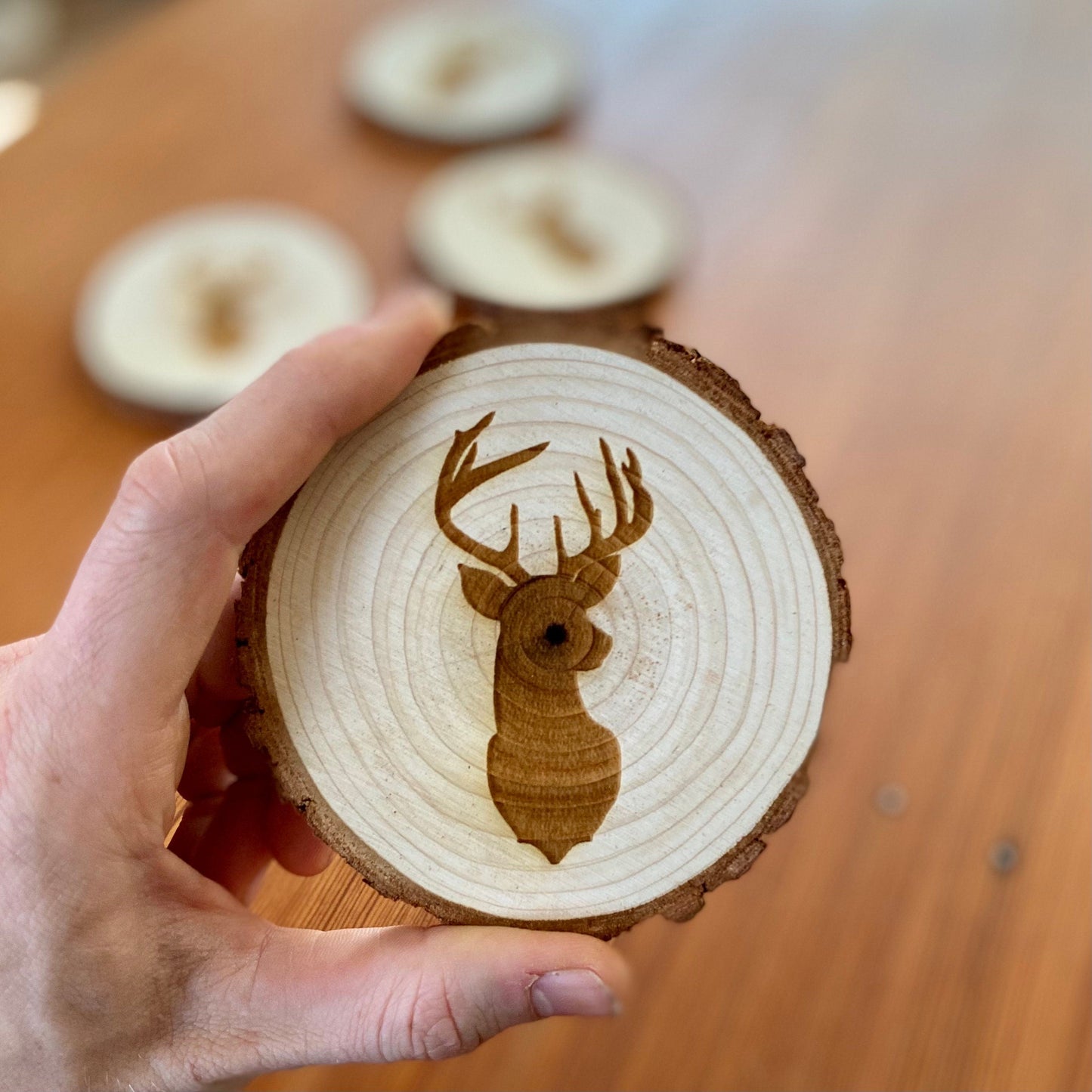Deer Head Engraved Wood Coaster Set