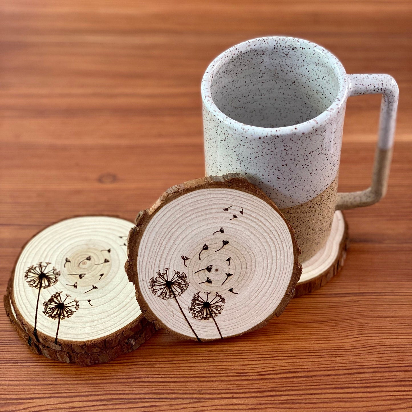 Dandelion Engraved Wood Coaster Set