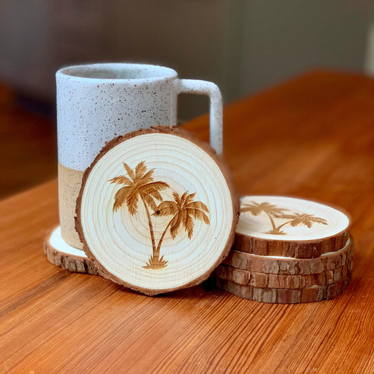Palm Tree Engraved Wood Coaster Set