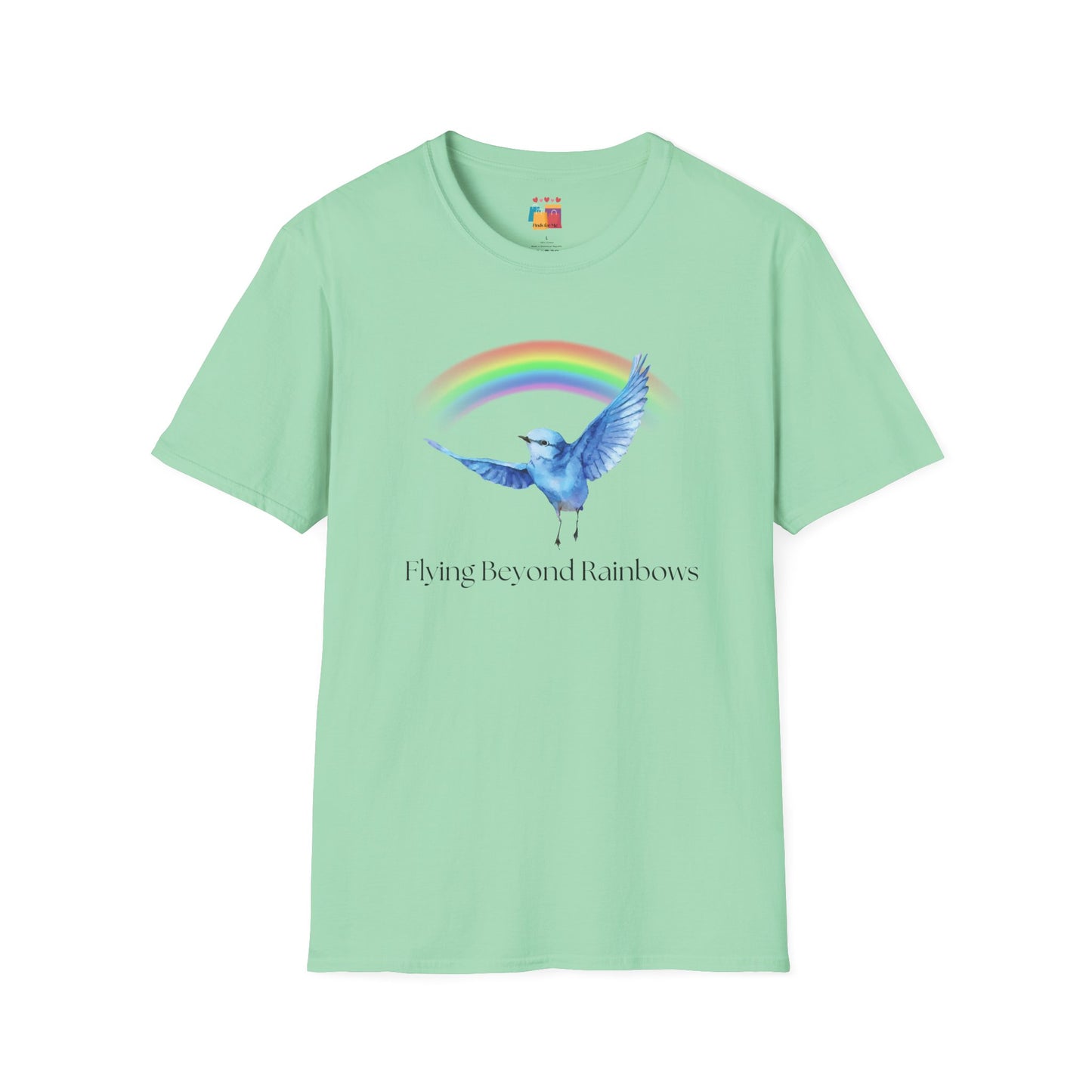 Flying Beyond Rainbows Unisex Softstyle T-Shirt - Dreamy Bird & Rainbow Design