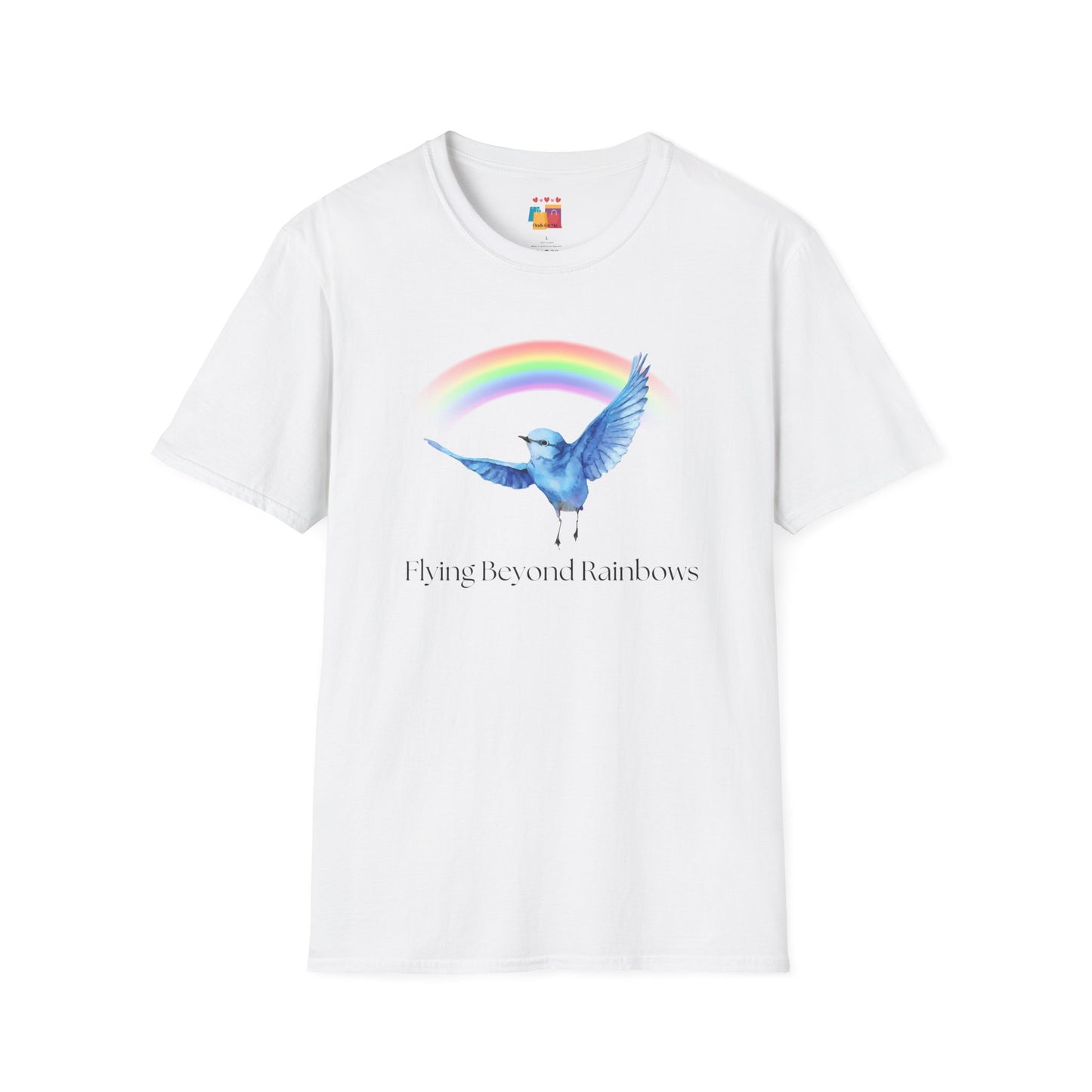 Flying Beyond Rainbows Unisex Softstyle T-Shirt - Dreamy Bird & Rainbow Design