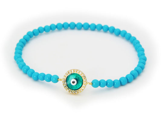 Fronay 212287T Evil Eye Elastic Bracelet, Turquoise Beads