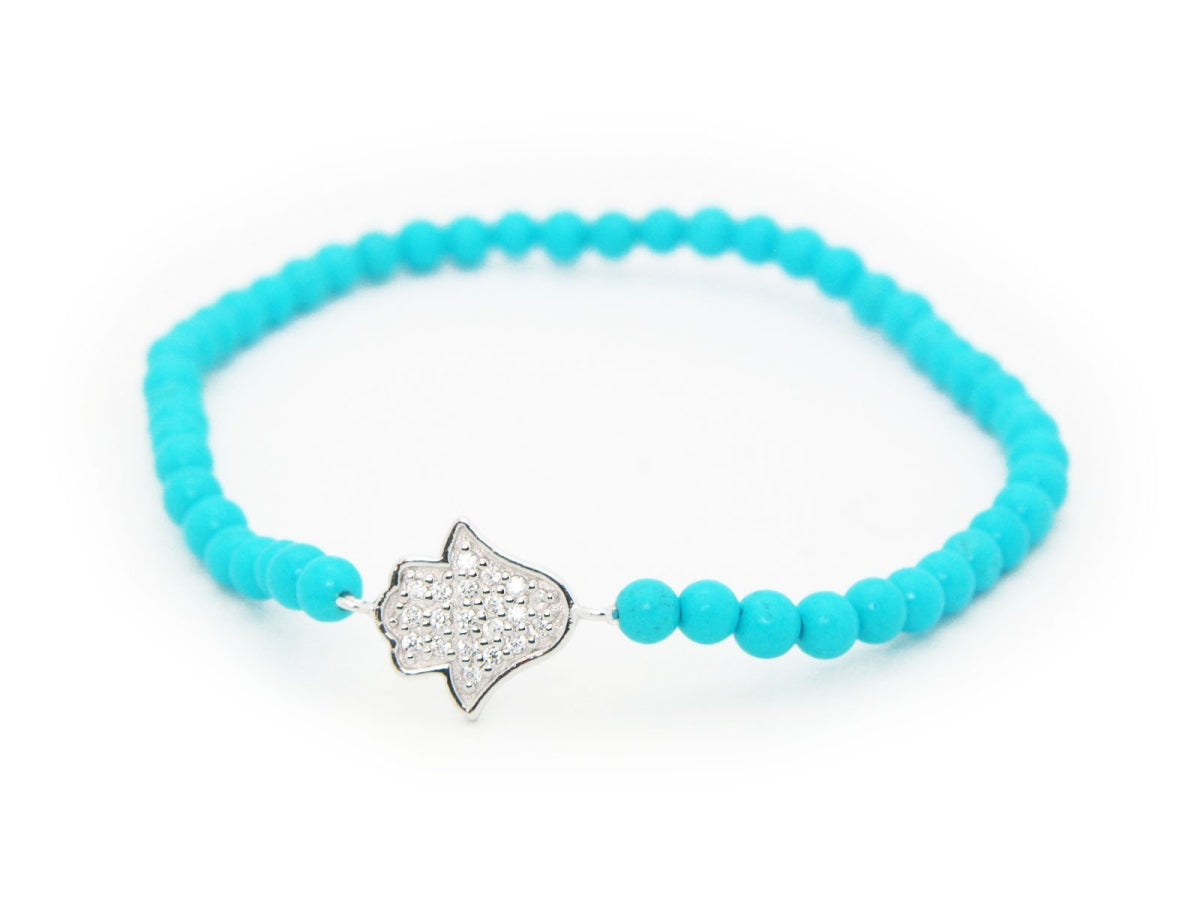 Fronay 212398T Hamsa Turquoise 3 mm Beads Elastic Sterling Silver & Cu